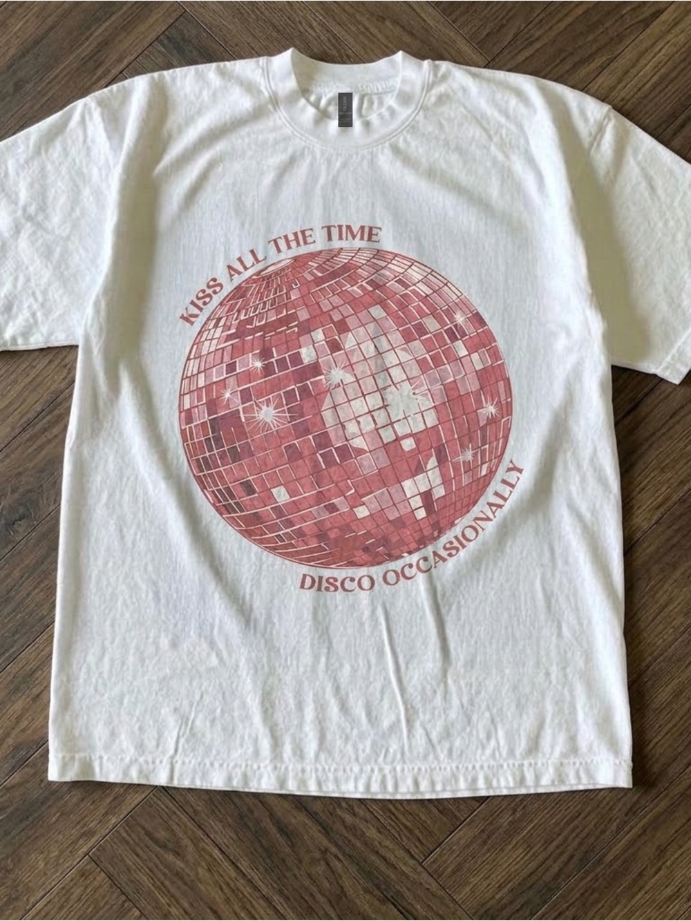 Gildan White Tee with Pink Disco Ball Graphic